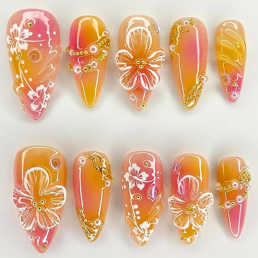 24Pcs Flower Press on Nails Medium Almond Fake Nails with 3D Designs Gold Pearl Rhinestone Glue on Nails Summer False Nails Gradient Orange Red Acrylic Nails Full Cover Stick on Nails for Women