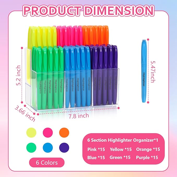 90 Pack Highlighter Set Assorted Colors with 6-Section Highlighter Holder Chisel Tip Highlighters Bulk Highlighters No Bleed Bible Journaling Pens Colored for Office Classroom Teacher Supplies