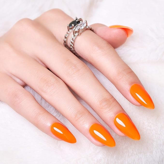 Wooyas Jelly Orange Press on Nails Almond, Hot Orange Medium Glossy Handmade Gel Fake Nails, Neon Reusable Salon Perfect Glue on Nails in 12 Sizes - 24 Pcs Soft Gel Glue On Nails Kit for Women Girls