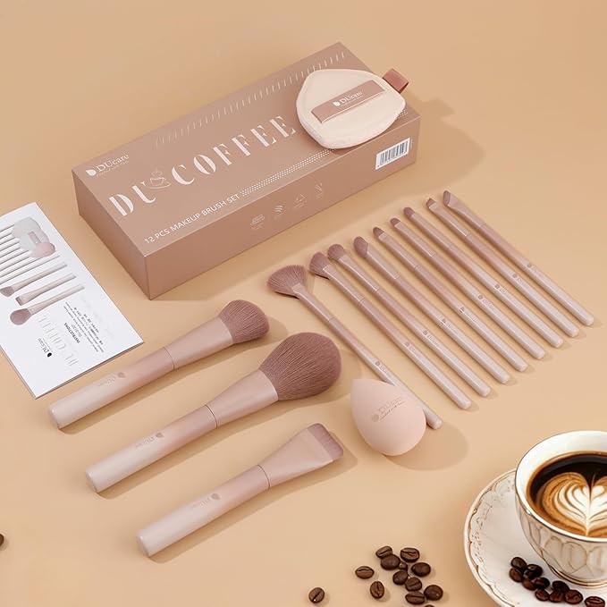 DUcare Christmas Makeup Brushes Set 12Pcs Coffee Series Makeup Brush set with Makeup Sponges Foundation Blending Face Powder Blush Eye Shadows Brushes