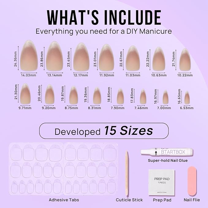 BTArtbox Press On Nails Almond - Medium Cat Eye French Tip Nails with Glue for Daily Nail Art, Fake Nail Extensions In 15 Sizes - 30 Nail Kit, Liquid Radiance