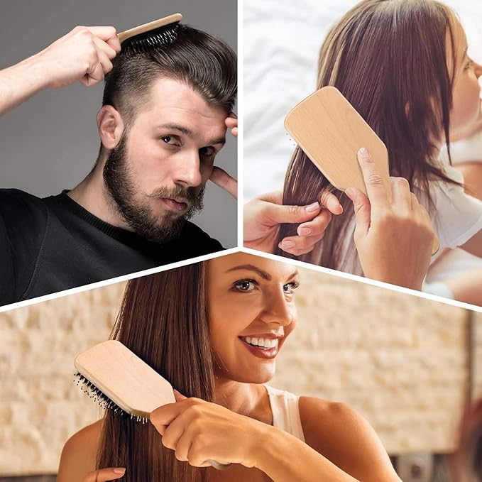 Hair Brush, 2 Pack Boar Bristle Paddle Hairbrush for Women Men Kids Reducing Frizzy, No More Tangle, Small Travel Brush Tail Comb & Giftbox Included