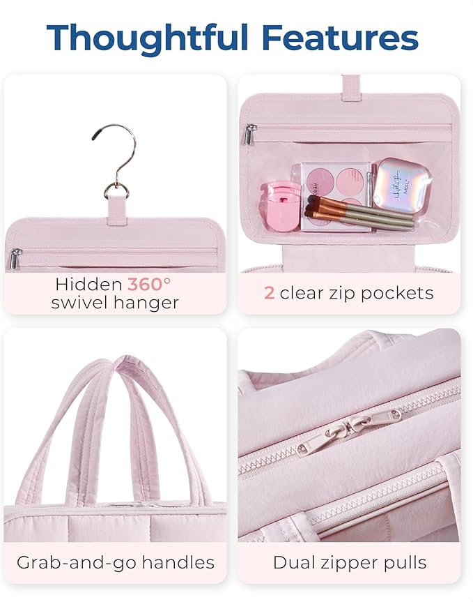BAGSMART Travel Toiletry Bag with Jewelry Organizer, Hanging Travel Bag for Toiletries, Puffy Makeup Cosmetic Bag Organizer, Carry-on Travel Accessories Essentials, Pink-M