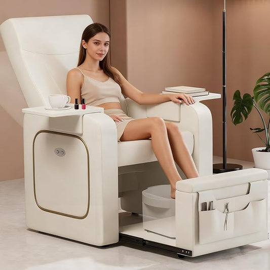 VARONXE Electric Reclining Pedicure Chair No Plumbing for Foot Spa, Profesional Pedicure Stand with Tool Pouch for Nail Teach, Ergonomic Pedi Sofa with Sliding Tray for Small Spaces, Off-White