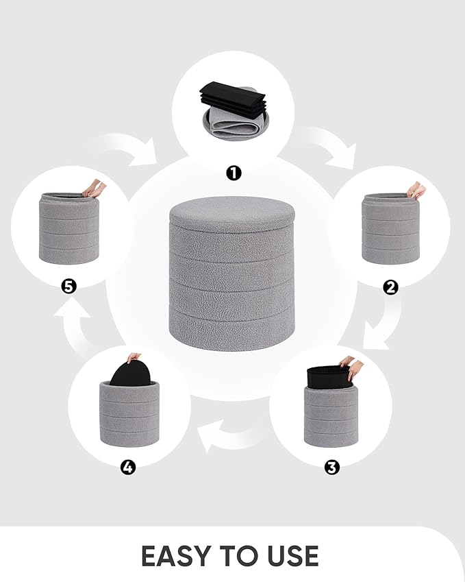 B FSOBEIIALEO Ottoman with Stroage, Round Sherpa Storage Ottoman Stool, Boucle Foot Rest 16.9"x16.9"x17.7"（Grey