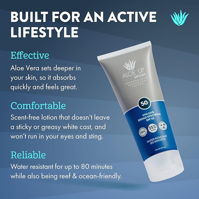Aloe Up Sport Sunscreen Lotion SPF 50 - Broad Spectrum UVA/UVB Sunscreen Protector for Face and Body With Hydrating Aloe Vera Gel Non-Greasy No White Cast Reef Safe Fragrance Free - 6 Oz- 2 pack