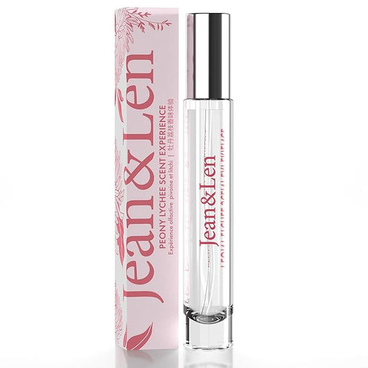 Jean & Len Scent Experience Peony & Lychee, Eau de Toilette with peony & lychee fragrance, practical mini perfume, ideal for on the go, minimalistic glass bottle, 0.34 Fl. Oz.