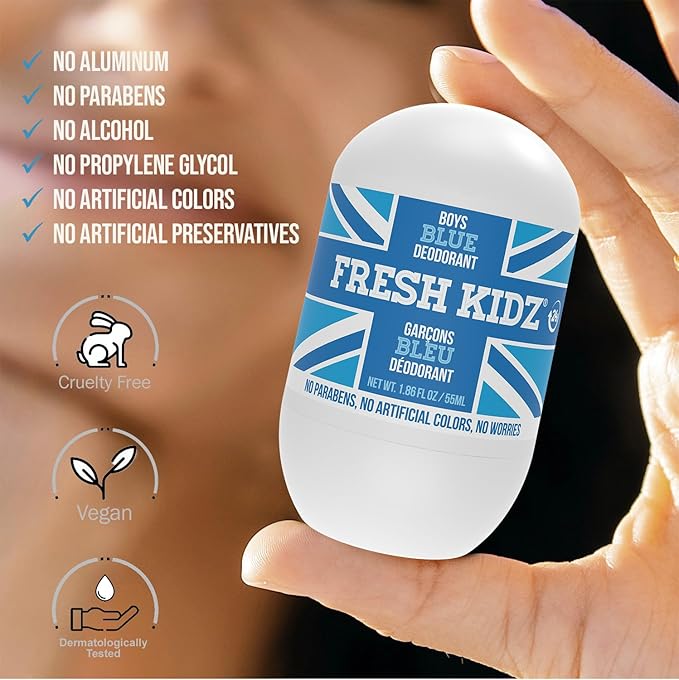 Fresh Kidz Roll On Deodorant for Kids and Teens - Baking Soda and Aluminum-free 24 Hour Protection for Sensitive Skin - Boys "Blue" 1.86 fl.oz.