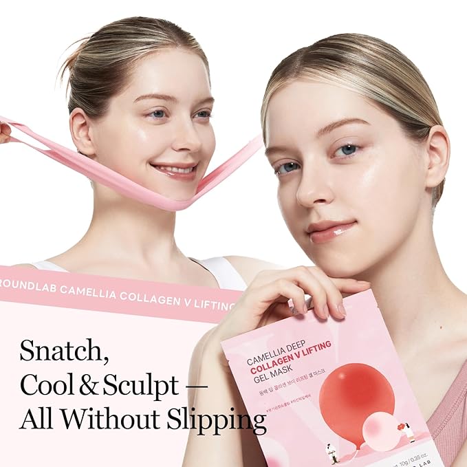 ROUND LAB Camellia Deep Collagen V Lifting Gel Mask 1ea | Double-chin Mask, Instant Cooling & Depuffing, Face Toning Belt, Collagen V-line, Improves Sagging Skin, Lifting & Firming 10g/0.35oz