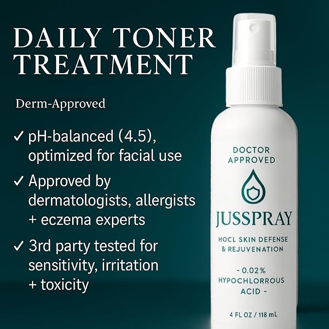 JusSpray™ Hypochlorous Acid (HOCl) Spray – Doctor Approved Skin Defense Mist 4 oz – Face & Body Toner for Sensitive, Acne & Eczema-Prone Skin, Redness Relief & Piercing Aftercare