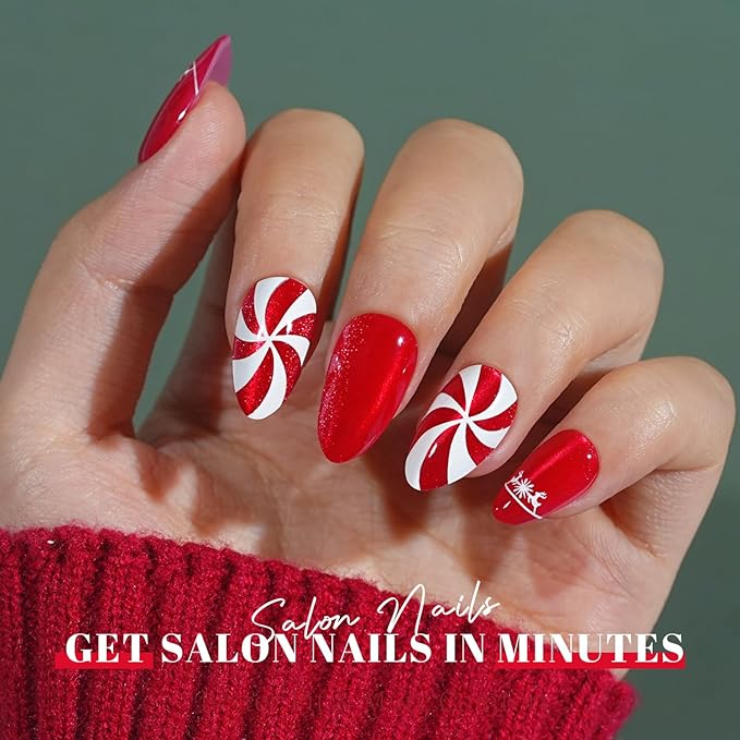 Christmas Press On Nails Almond - Jofay Fashion Red Cat Eye Press On Nails, Candy Elk Stick On Nails with Glue, Glossy Reusable Acrylic Artificia Nail Tips in 16 Sizes - 32 Soft Gel Fake Nails Kit