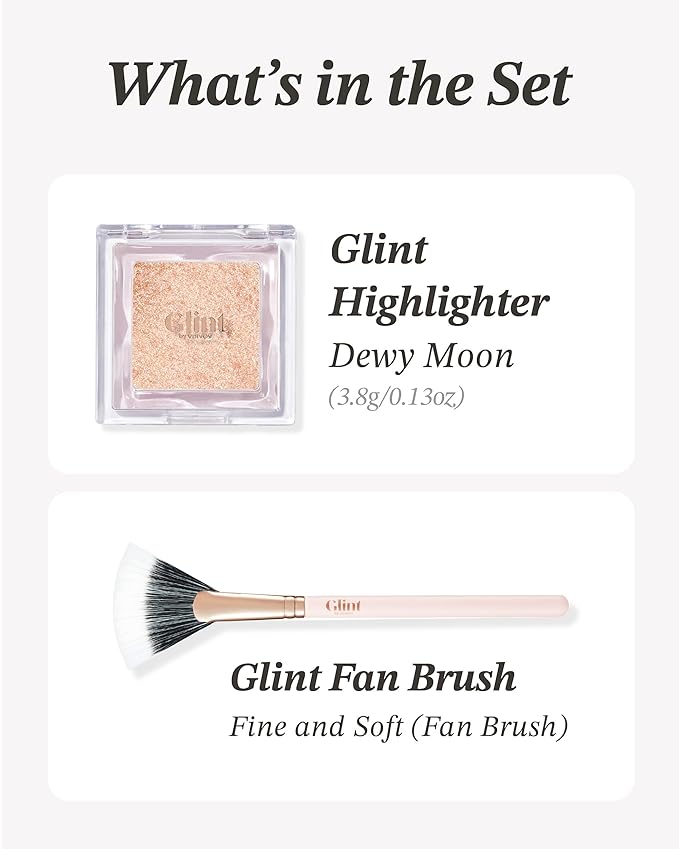 Glint Highlighter Special Set (Dewy Moon(Set), 0.08oz + Fan Brush) - Baked Highlighter for Natural Glow. Korean Makeup by LG Beauty. Rich Pigment, Silky Touch, Shimmer.