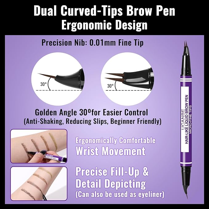 UCANBE Eyebrow Pen, Dual-Curved Eyebrow Pencils for Women, 2-in-1 Brow Pencil with 2-Fork-Tip & Precise Brush-Tip for Natural Hair-Like Brows, Waterproof Microblading Brow Pen Last 24Hrs(Dark Brown)