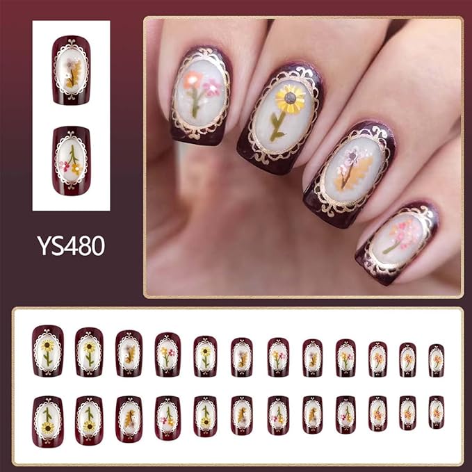 Square Press on Nails Medium Fake Nails Brown False Nails with Sunflower Design Cute Acrylic Nails Full Cover Artificial Nails Glossy Floral Glue on Nails Stick on Nails for Women 24Pcs