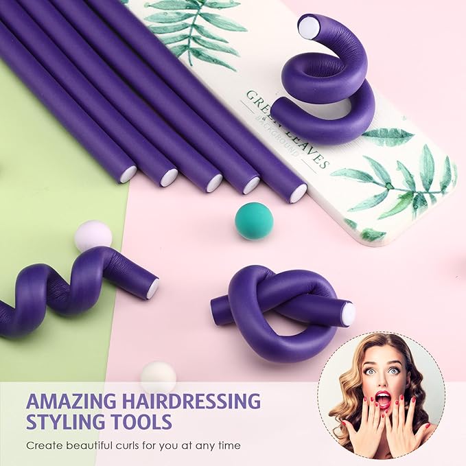 Syhood 30 Pcs 7'' Flexible Curling Rods Twist Foam Hair Rollers Soft Foam No Heat Hair Rods Rollers and 1 Steel Pintail Comb Rat Tail Comb for Women Long Short Hair(Purple,7 x 0.55 Inch)