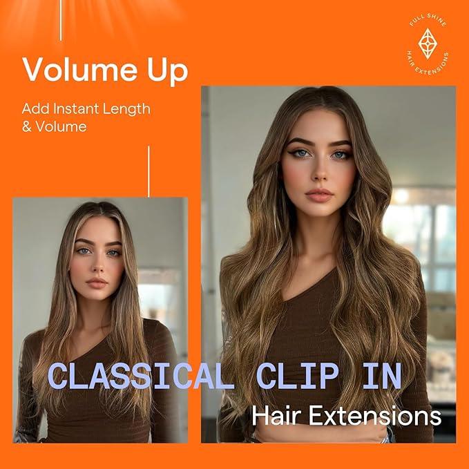 Full Shine Real Human Hair Extensions Clip ins Dark Brown to Honey Blonde Clip ins Human Hair for Women 14 Inch 120 G 7 Pc