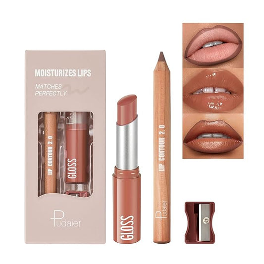 2Pcs Lipstick and Lip Liner Combo, Lip Liner and Lip Gloss Kit for Women, Matte Lip Pencil and Smooth Hydrating Lipstick with Sharpener, Non-Stick Lip Makeup Set