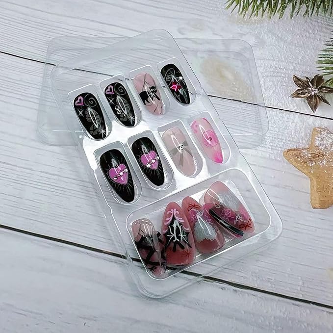 24pcs Halloween Nails - Handmade Press on Nails Black Bat Graffiti Fake Nails Medium Almond Halloween Press on Gothic Punk Stick on Nails Full Cover Artificial Acrylic Fake Nail Tips Manicure Finger