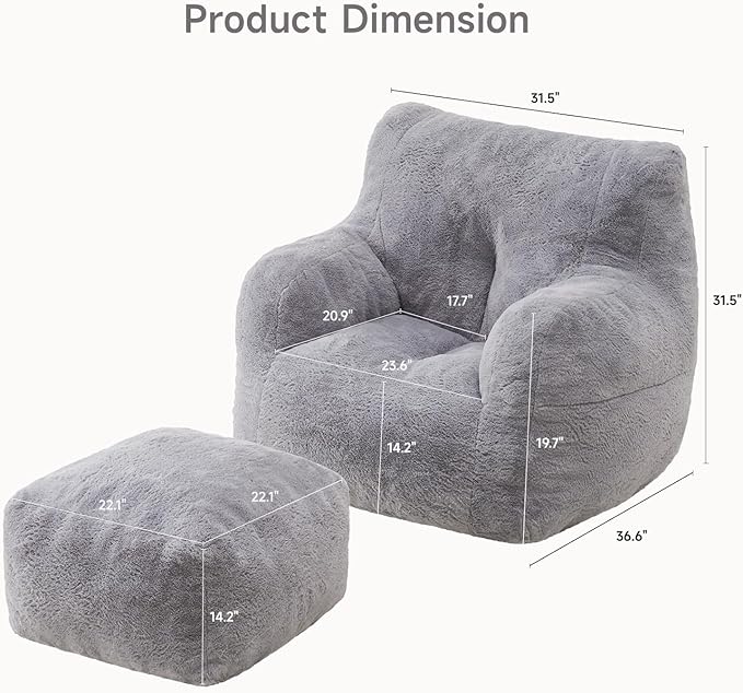 ONBRILL Giant Bean Bag Chairs for Adults with Ottoman, Faux Fur Boneless Chaise Couch Filler with Memory Foam,Large BeanBag Lounge Lazy Floor Sofa Accent Chair for Living Room,Bedroom & Game Rooms