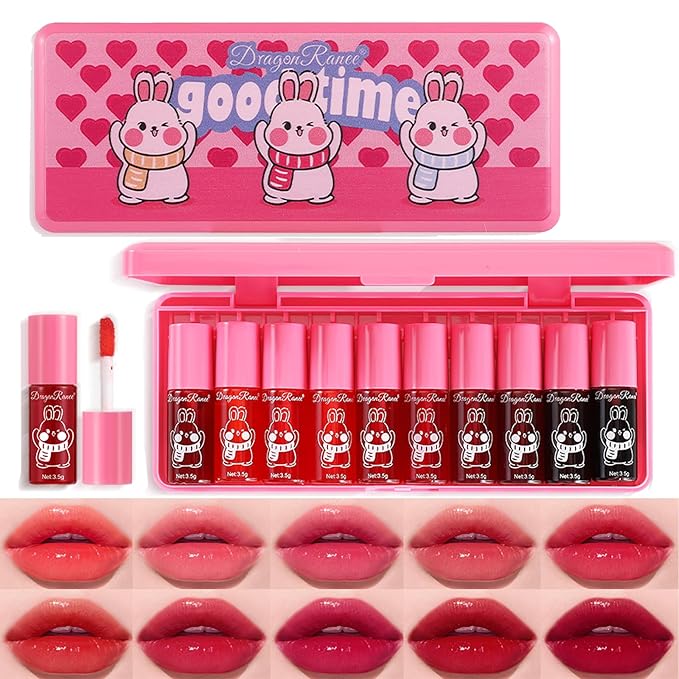 10 Colors Lip Tint Stain Set,Korean Lip Gloss,Watery Lip Stain Mini Liquid Lipstick Waterproof,Moisturizing Lip Stain Set Multi-Use Lip and Cheek Tint,Non-Stick Cup,Lightweight,Vivid Color Lip Makeup