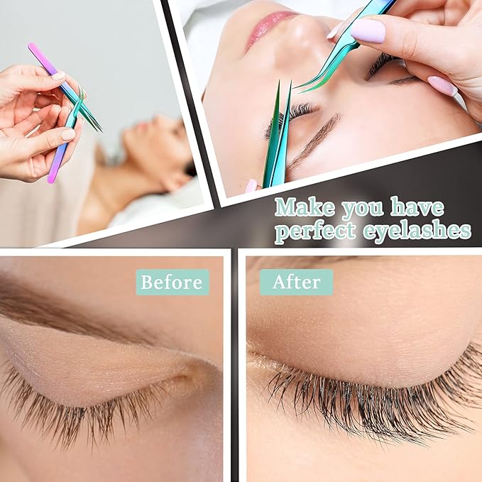 High Precision Lash Tweezers Set 6 Pack Stainless Steel Eyelash Extension Tweezers for Classic, Volume, Mega Volume Lashes, Facial Hair, Eyebrow, Hair Removal, Crafting Making(Rainbow)