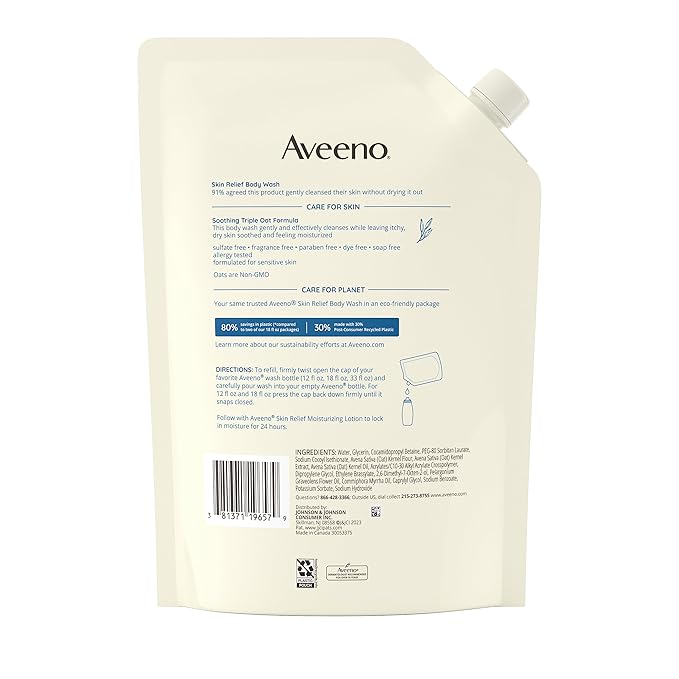 Aveeno Skin Relief Fragrance-Free Body Wash Refill with Oat to Soothe Itchy, Dry Skin, Gentle, Formulated without Soaps, Dyes, Parabens, Phthalates & Alcohol, for Sensitive Skin, 36 fl. oz (Pack of 2)