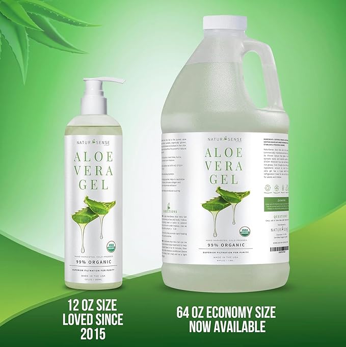 NaturSense Organic Aloe Vera Gel from 100% Pure Aloe–Great for Hair, Scalp, Face, Dry Skin, Acne, Sunburn, Sensitive Skin–Unscented, USDA Certified–12 oz.