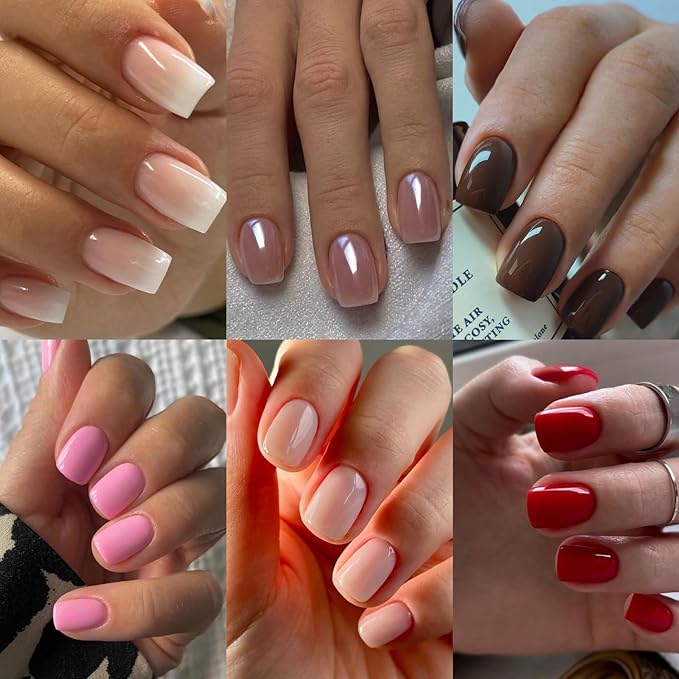 6 Packs (144Pcs) Press on Nails Square, Short Square Press on Nails, Ombre Press on Nails Medium, Pink Fake Nails Chrome Glue on Nails Gel False Nails for Women, Stick on Nails Kit 12 Sizes-6 Styles