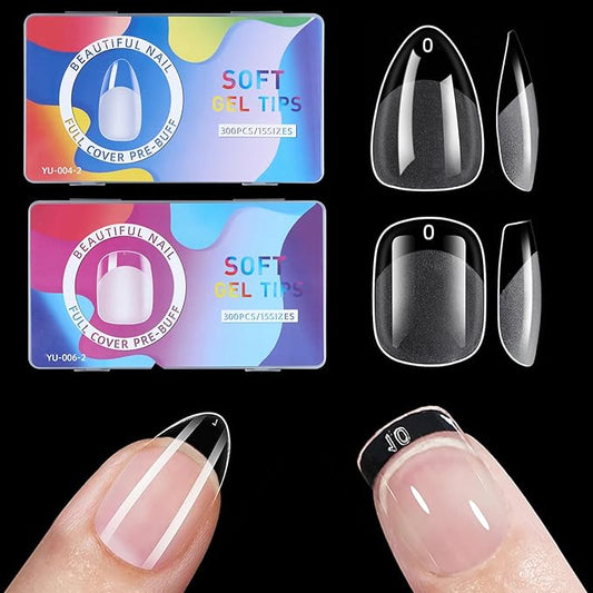 600Pcs Short Almond &Tapered Round Square Soft Gel Nail Tips Set 2 Shape XS Clear Acrylic False Nails for Manicure Extension Art Home DIY Salon, Professional 15 Sizes,Full Cover Fake Nail Tips BlueZOO