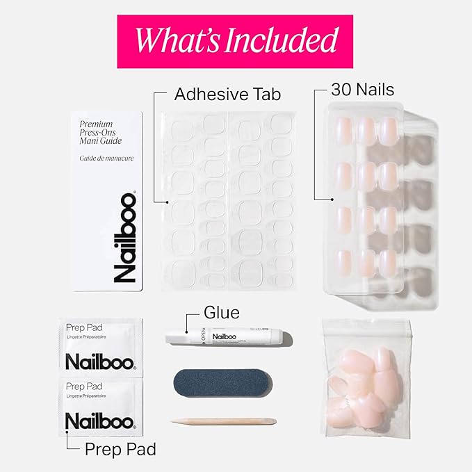 Nailboo Press On Nails, Salon-Quality Reusable Fake Nails for Fast DIY Manicure with Strong Hold Nail Glue for Press Ons, Nail File, & Alcohol Prep Pads, Demure Allure
