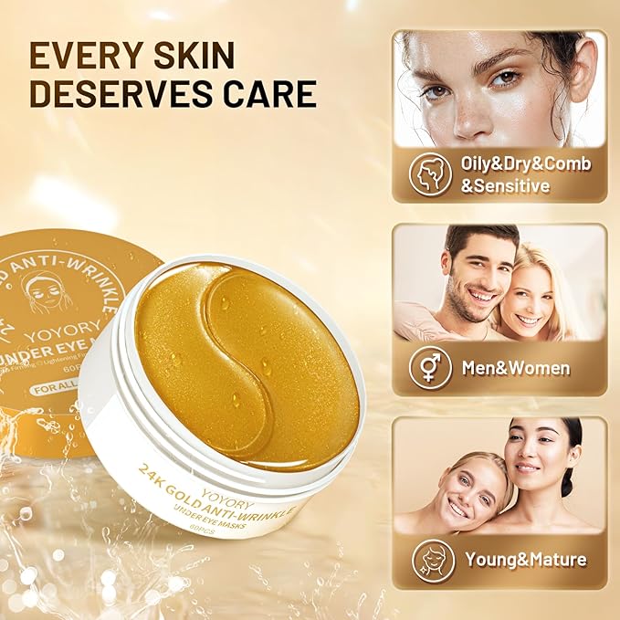 24K Gold Infused Hydrogel Eye Patches - 30 Pairs for Dark Circles, Wrinkles, Eye Bags & Puffy Eyes | Retinol & Collagen Complex, Hydrating Firming Treatment Alternative (Gold)