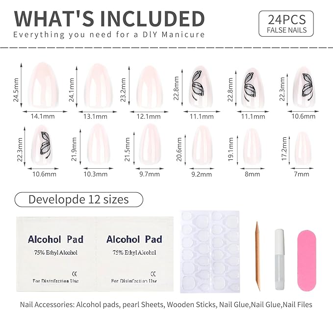 Butterfly Press On Nails Almond Shape, Nude Fake Nails with Butterfly Cat Eye Gray Ombre Design, Glossy Gel Finish Acrylic Nails Kit for Women, Natural Reusable Glue-On Nails Set, 24 Pcs