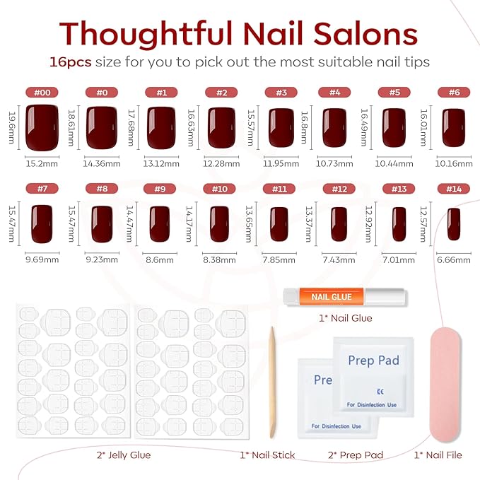 Modelones Press on Nails, Dark Red Short Square Fake Nails, Christmas Reusable Nail Kit with Nail Glue Adhesive Tabs Mini Nail File, Nails Press Ons 32Pcs16 Sizes, Women Girl Gift