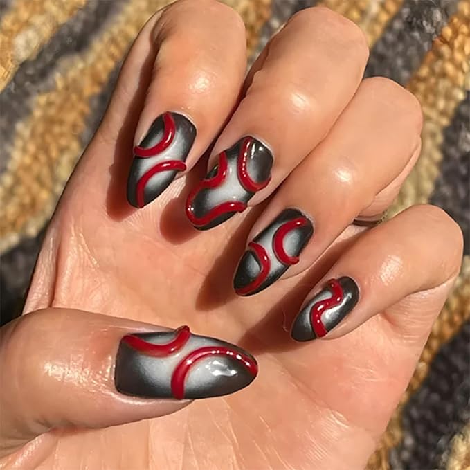 IMRAIN Press on Nails Medium Almond Fake Nails Black White Ombre False Nails with 3D Red Line Designs Full Cover Glossy Y2K DIY Nail Supplies Glue on Nails Stick on Nails for Women Girls 24Pcs