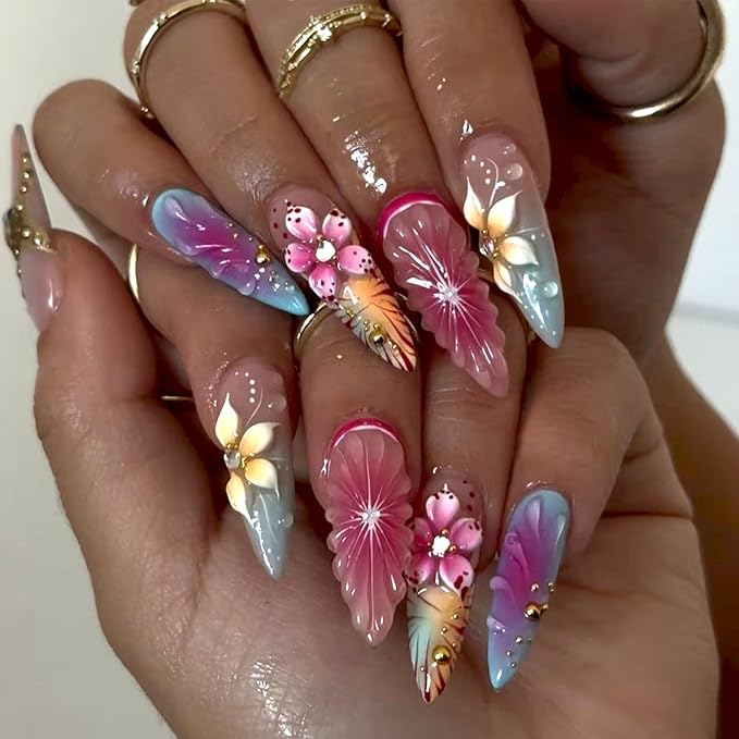 3D Flower Press on Nails Medium Almond Fake Nails Golden Starfish with Colorful Rhinestones Design Handmade Nails Pink Grapefruit False Nail Gradient Artificial Glue on Nail for Women 24Pcs