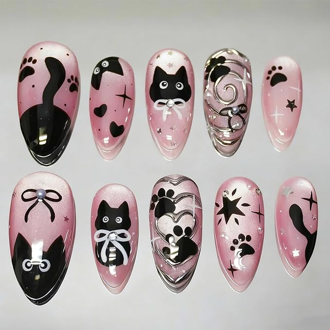24Pcs Pink Press on Nails Medium Almond Halloween Fake Nails Cute Cat Black Bow False Nails with 3D Gems Designs Glossy Full Cover Glue on Nails Artificial Acrylic Stick on Nail for Women Girls DIY