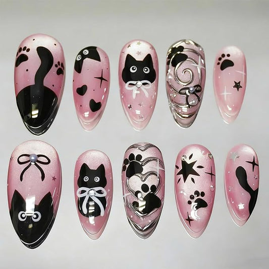 24Pcs Pink Press on Nails Medium Almond Halloween Fake Nails Cute Cat Black Bow False Nails with 3D Gems Designs Glossy Full Cover Glue on Nails Artificial Acrylic Stick on Nail for Women Girls DIY