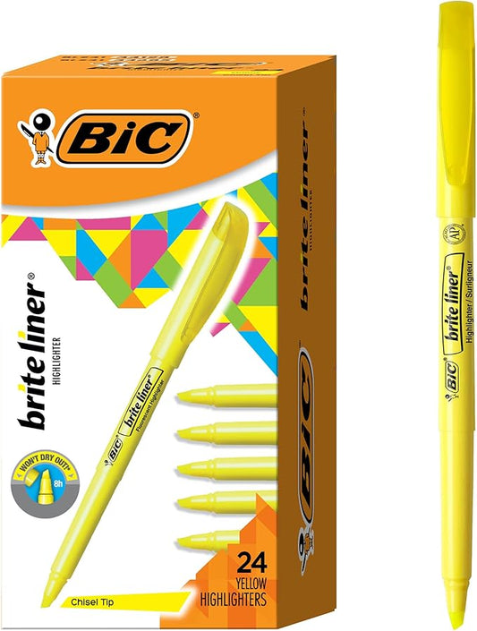 BIC Brite Liner Highlighters, Chisel Tip, 24-Count Pack of Yellow Highlighters, Ideal Highlighter Set for Organizing and Coloring