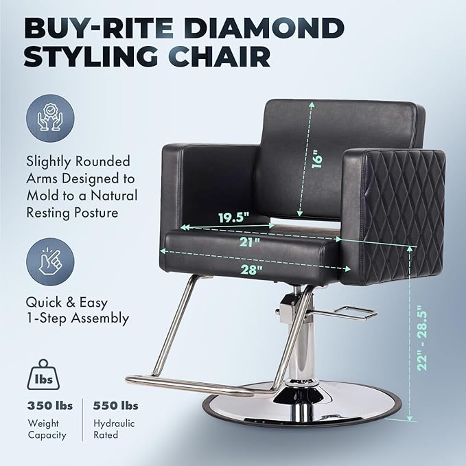 Buy-Rite Diamond Styling Chair for Salons & Spas, Modern Styling Chair with Diamond Stitch Pattern, Extra Wide Seat, Open Seat-Back for Cleaning, Lumbar Support Cushion, NIN-6613