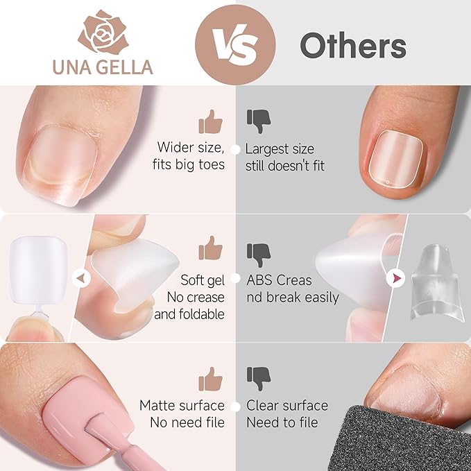 UNA GELLA Toe Nail Tips Full Cover, 216 Pcs Square Round Toe Nail Press Ons Clear Pre-shape Gel Toe Nail Tips Double Matte Acrylic Fake Toenails Extensions DIY Home Nail Salon for Women, 15 Sizes
