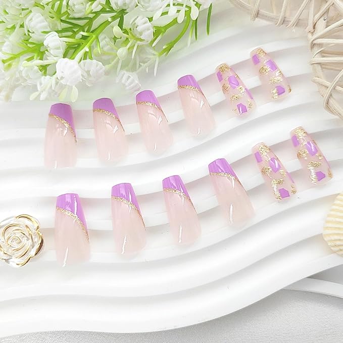 Acrylic Press on Nails Coffin Medium Purple French Tip Fake Nails Press ons Golden Glitter Lines Glue on Nails Glossy Stick on Nails Artificial False Nails for Girls 24Pcs