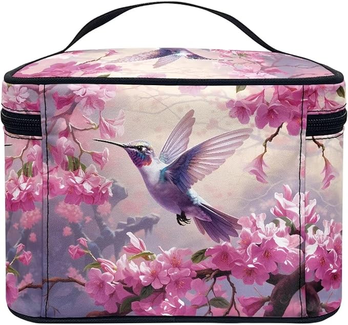 Hummingbird and Pink Flowers Print Travel Makeup Bags for Women Portable Tote Cosmetic Case with Carry Handle Toiletry Accessories Storage Organizer Bags