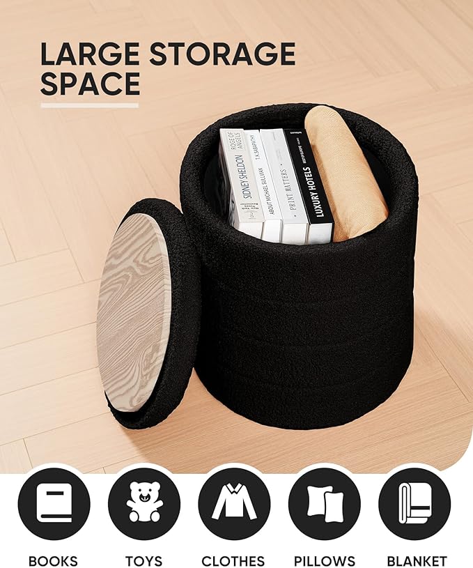 B FSOBEIIALEO Ottoman with Stroage, Round Sherpa Storage Ottoman Stool, Boucle Foot Rest 14.6"x14.6"x17.7"（Black