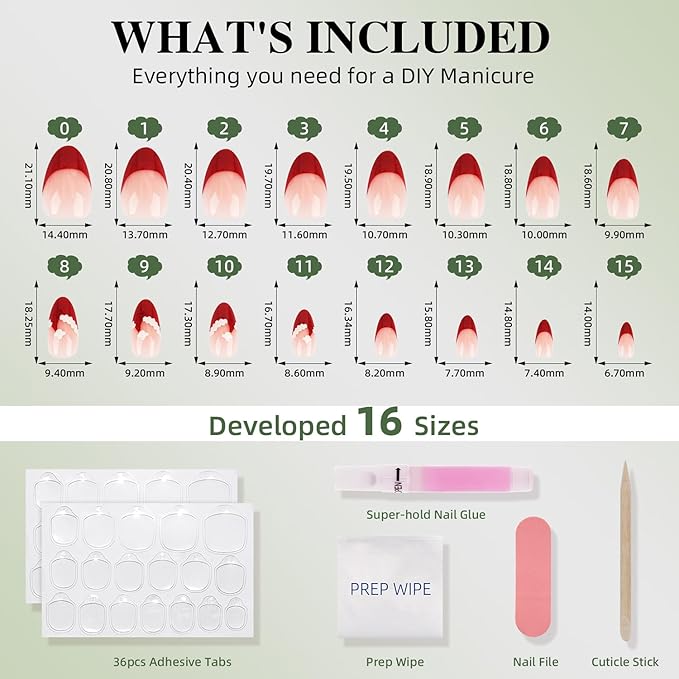 Christmas Press On Nails - Candycap Short Almond Fake Nails, Red French Tip Press On Nails Reusable Stick On Nails in 16 Sizes, 32pcs False Nail Kit for Women & Girls