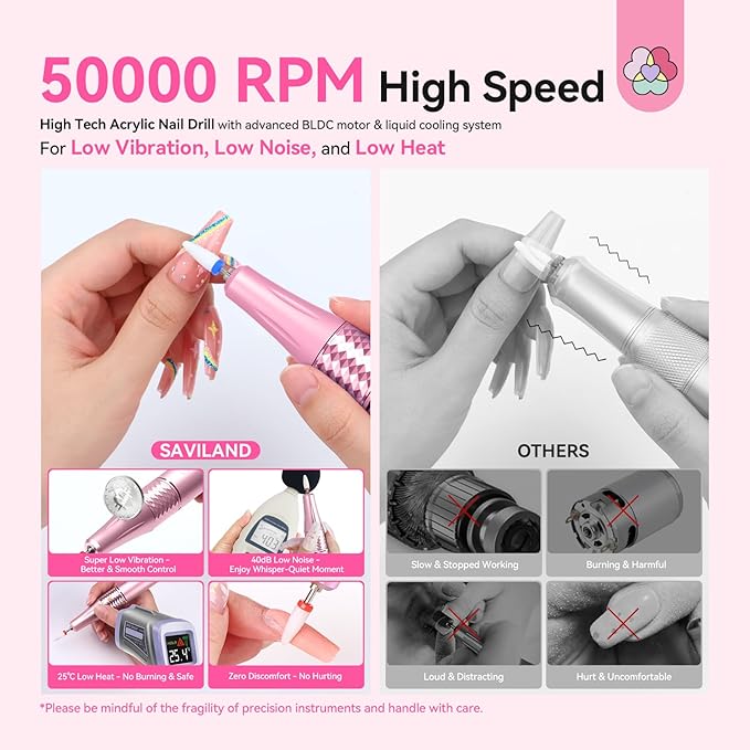 SAVILAND Electric Nail Drill Professional: 50000 RPM Electric Nail File Rechargeable Cordless Nail Drill Kit with Ceramic Drill Bits for Quick Acrylic Nail Removal Ambient Light Leopard Heart Print