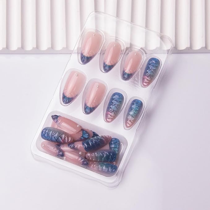 Summer Press on Nails Medium Almond Fake Nails with Chrome 3D Fish Designs Cat Eye Glue on Nails Blue French Tip False Nails Press ons Ocean Acrylic Nail for Women Manicure