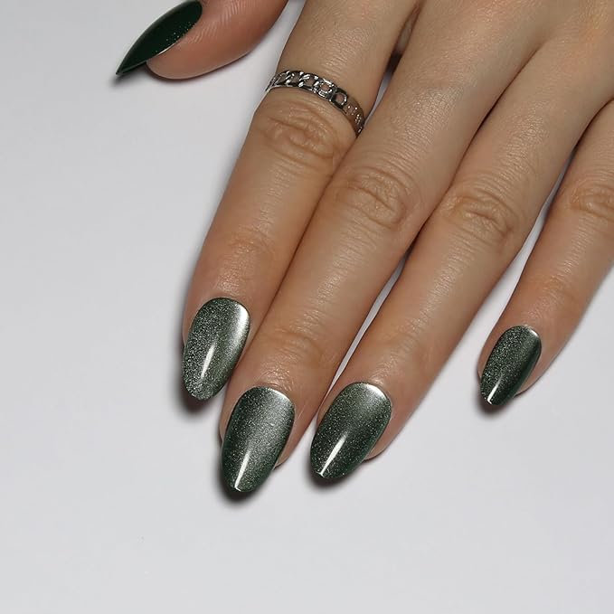 Almond Press On Nails Short, Green Cat Eye Press on Nails with Glue for Women Ashionable Gel False Nails Reusable Acrylic False Nails Women's Glitter Nails Glue On Nails Kit, Avocado Green