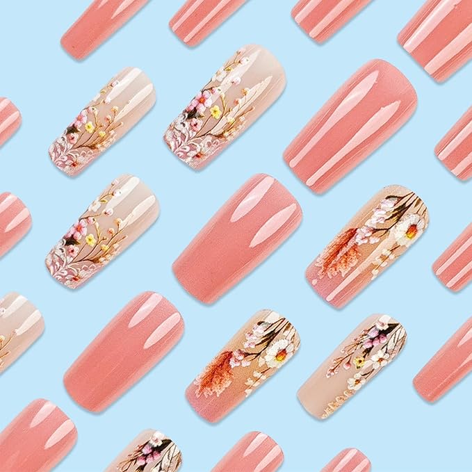 24Pcs Spring Flower Press on Nails Glossy Pink Gradient Fake Nails Medium Coffin Acrylic False Nails Wild Flowers Stick on Nails Dandelion Gel Glue on Nails for Coquette Women Girls