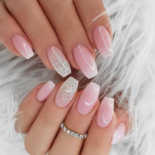 Short Press on Nails Coffin Fake Nails with Glitter Designs Pink White Gradient Nails Press ons Glossy Glue on Nails Cute Acrylic Nails Daily Wear Simple False Nails Stick on Nails for Women 24Pcs