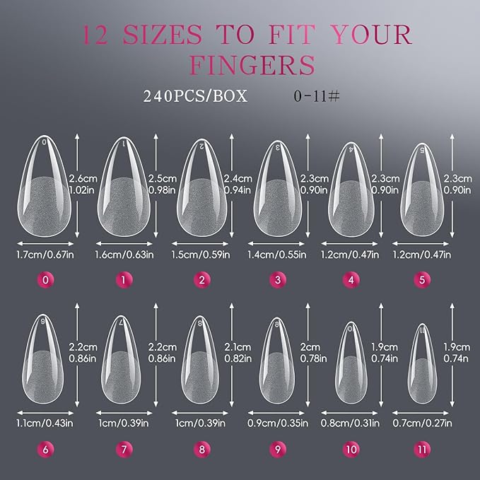krofaue 240Pcs Almond Nail Tips - Professional Soft Gel Press on Nails with Half Matte 12 Sizes Acrylic Fake Tips for Gel Polish & Dip Powder DIY Home Manicure